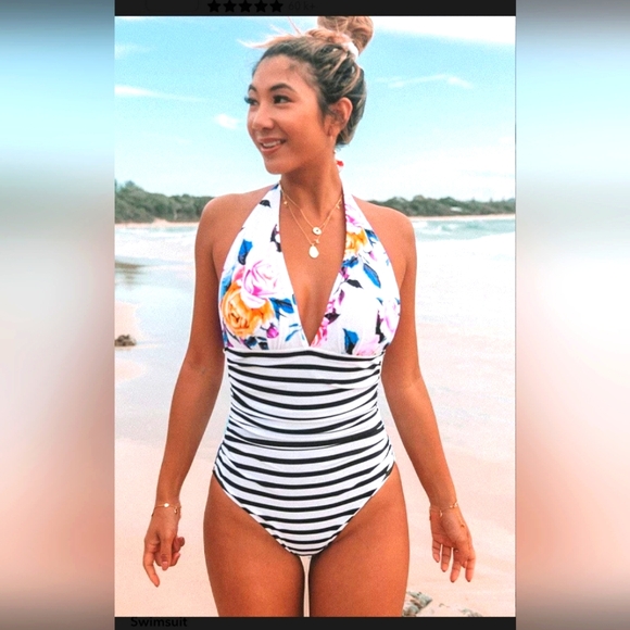 Cupshe Other - New Cupshe Bold Floral and Stripe Halter Tummy Control One Piece Swimsuit